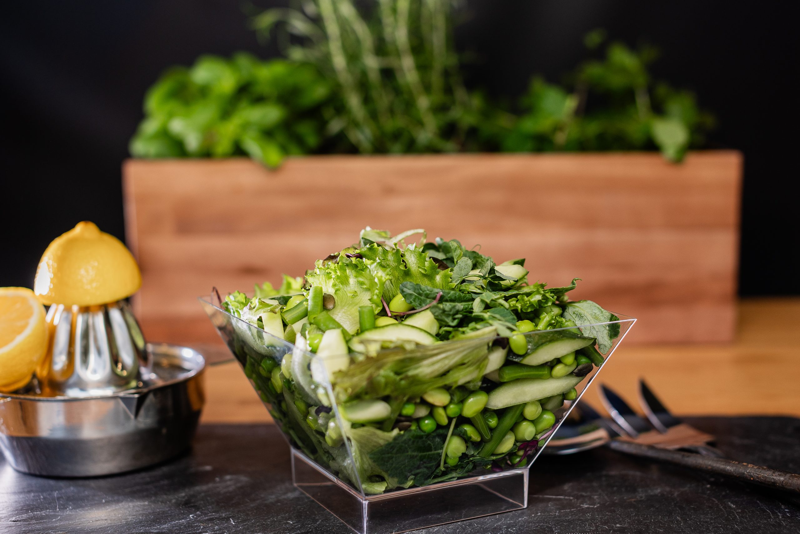 A colorful salad with crisp cucumbers, tender green beans, and a lemon wedge, highlighting fresh ingredients.